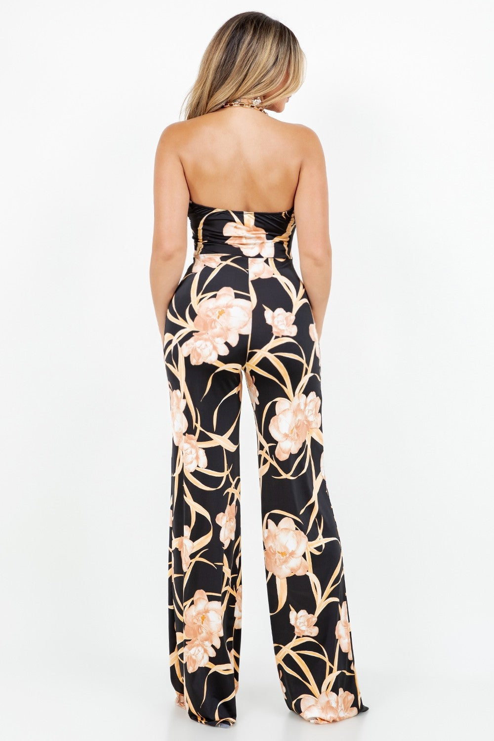 Floral Print Halter Neck Wide-Leg Jumpsuit