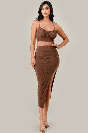 Spaghetti strap crop top side slit skirt set