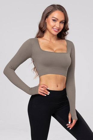 Long Sleeve Square Neck Ribbed Crop Top