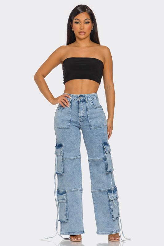 Denim Wide Leg Multi Pocket Cargo Jeans