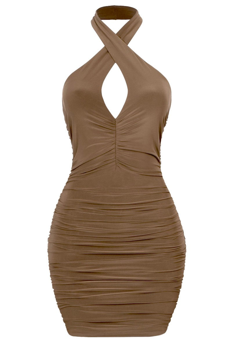 Halter Criss Cross Ruched Mini Dress
