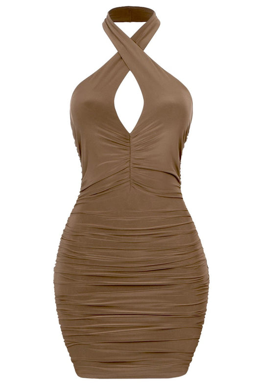 Halter Criss Cross Ruched Mini Dress