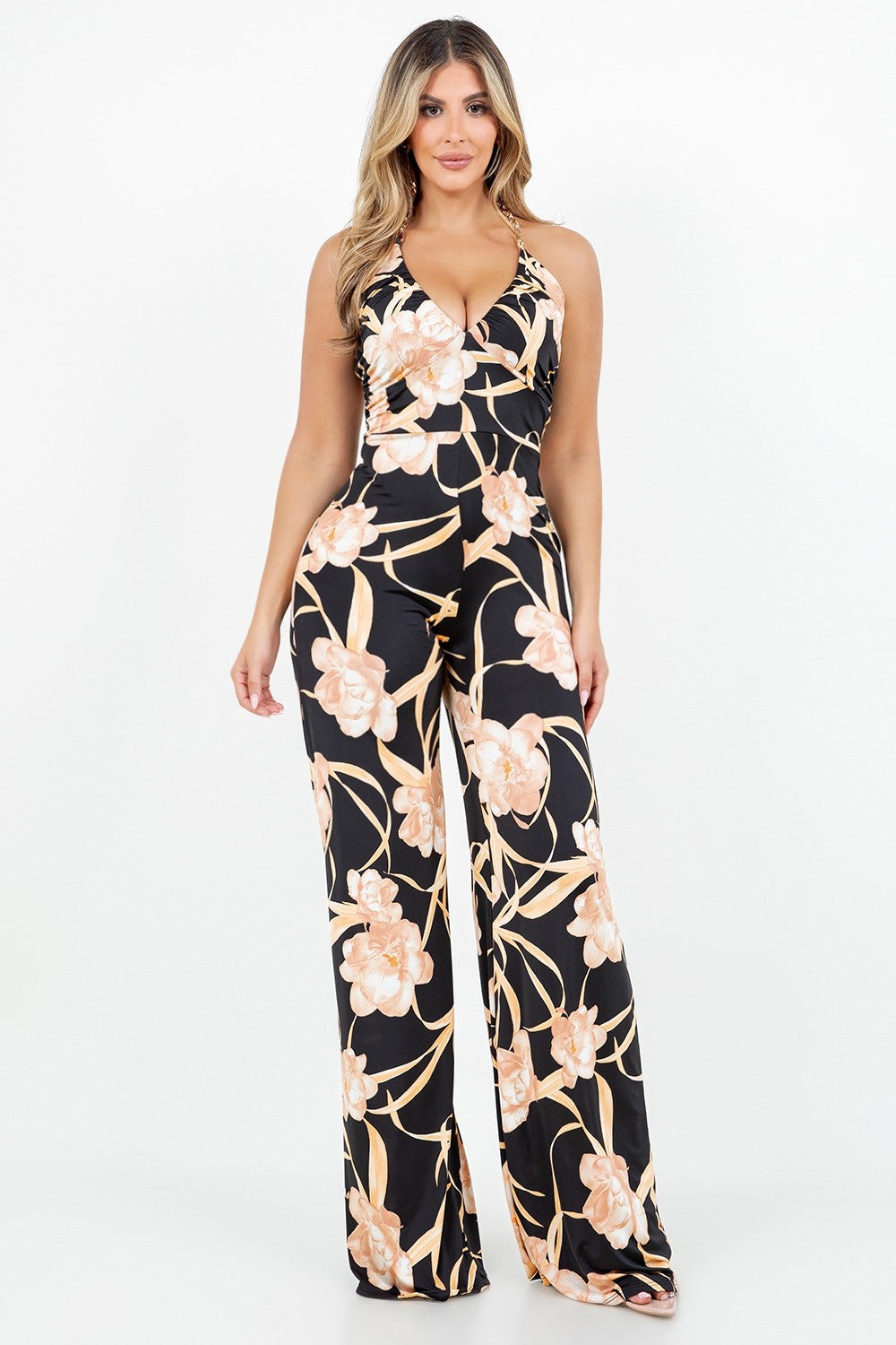 Floral Print Halter Neck Wide-Leg Jumpsuit