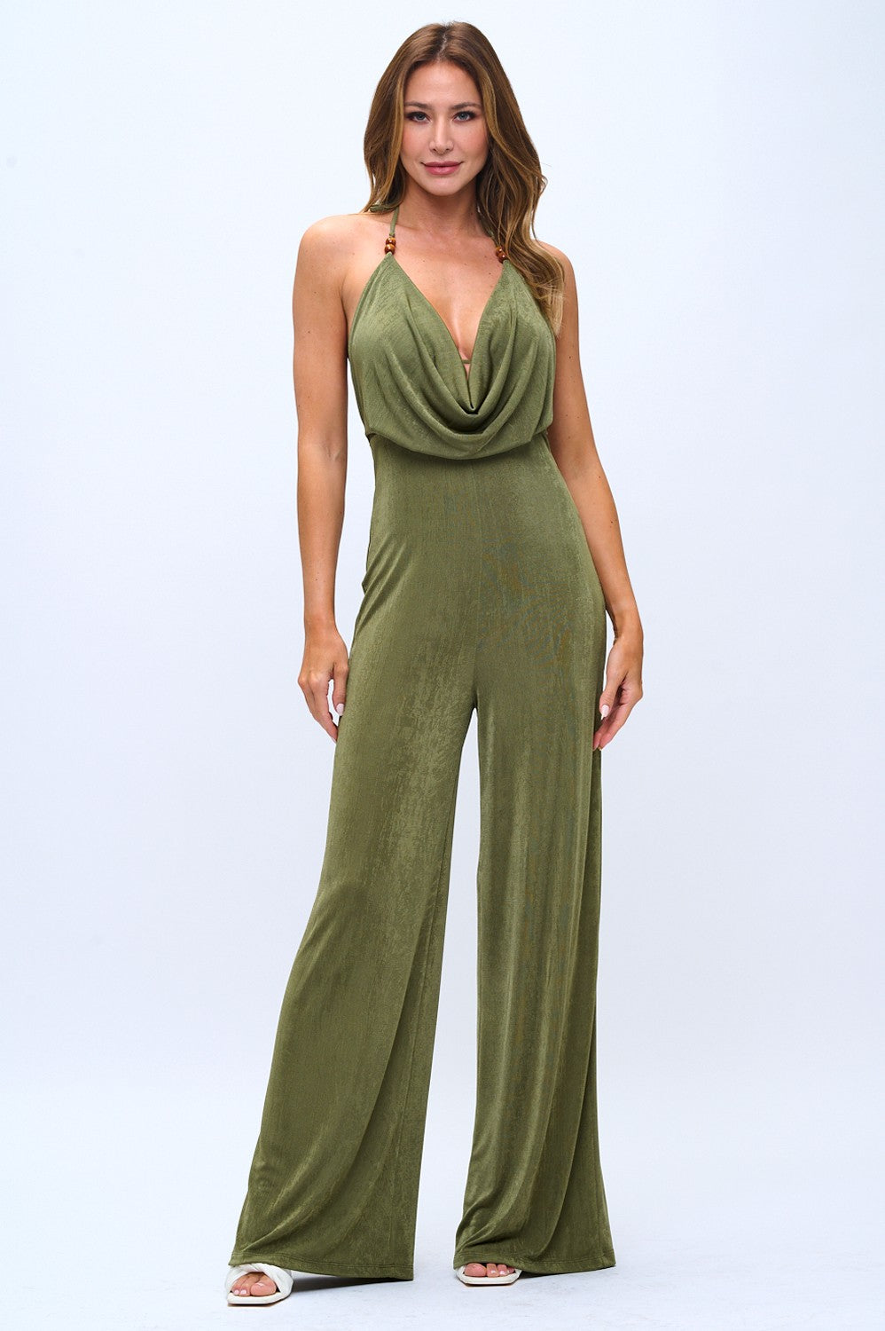 Olive Green Halter Neck Cowl Neck Wide-Leg Jumpsuit