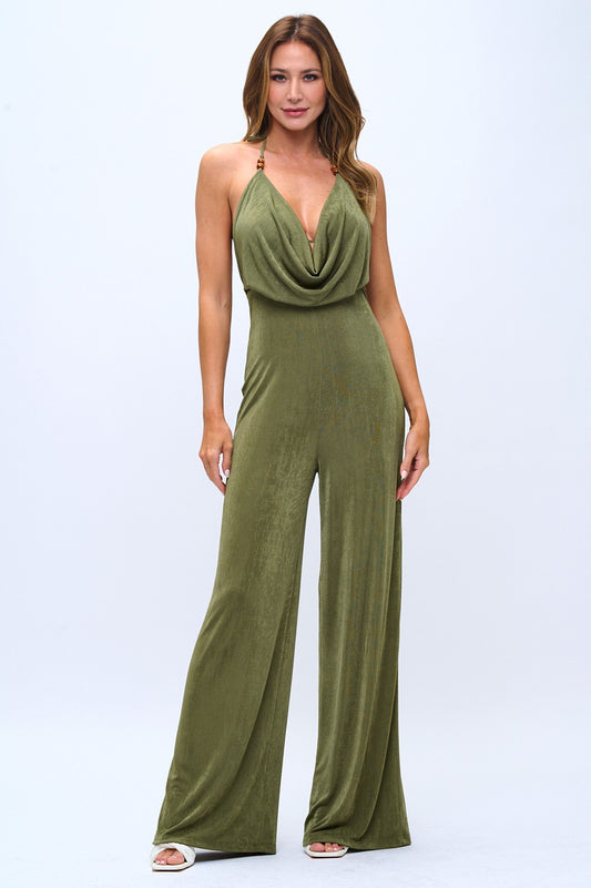 Olive Green Halter Neck Cowl Neck Wide-Leg Jumpsuit