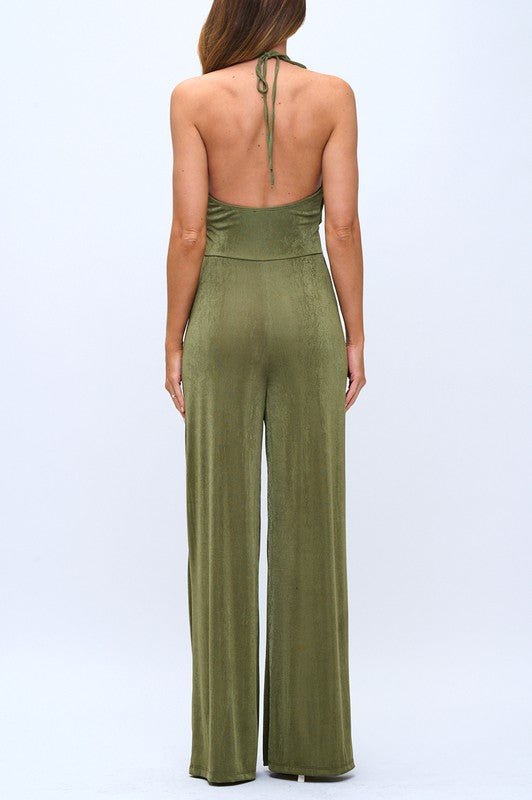 Olive Green Halter Neck Cowl Neck Wide-Leg Jumpsuit